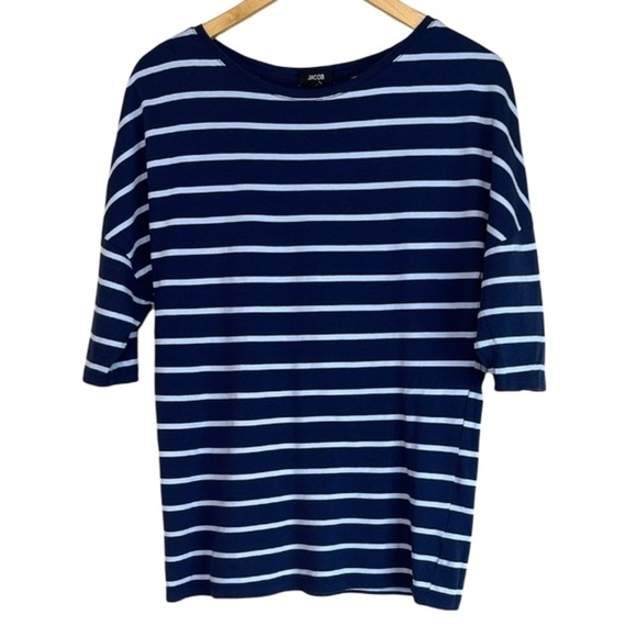 Jacob Striped Boxy Dolmen Short Sleeve Tee Navy and Baby Blue Sailor Nautical M - Picture 2 of 11